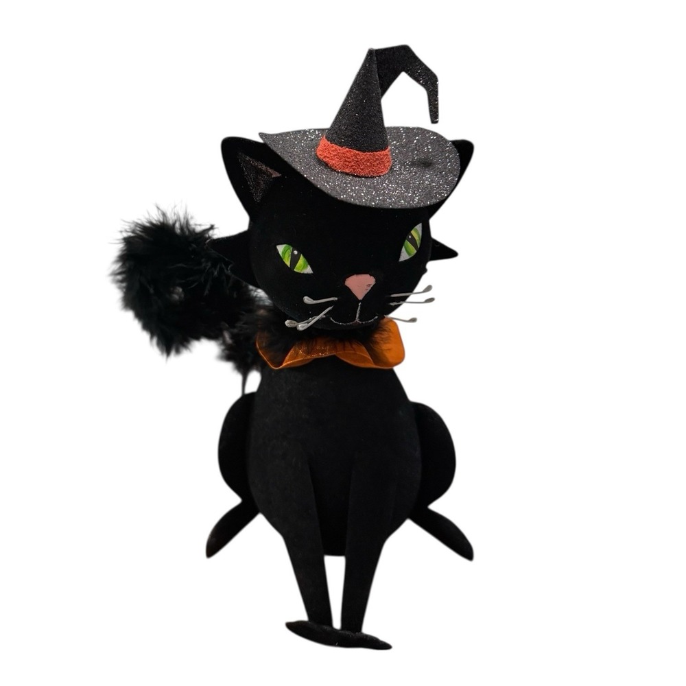 Pier 1 Imports Halloween‎ Bobblehead Flocked Glitter Black Cat Witches Hat Rare
